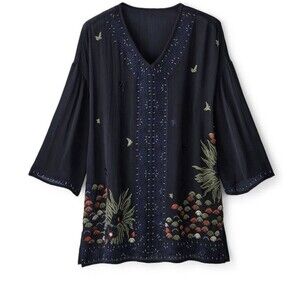 Soft Surroundings Size 1X Black Blue Embellished Mystic Meadow 3/4 Sleeve Blouse
